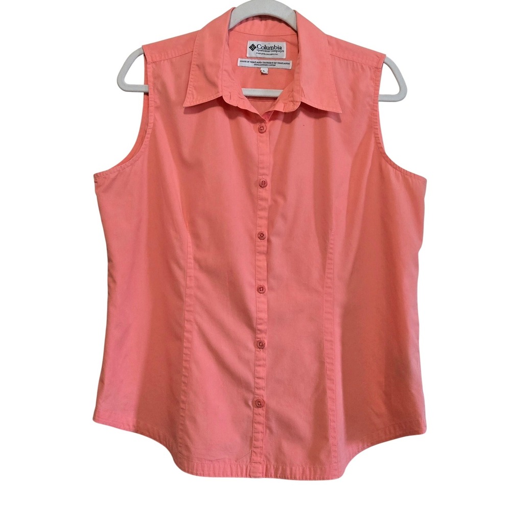 Columbia Women's Sleeveless Button Down Shirt Coral‎ Pink 100% Cotton Size L
